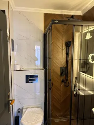 a bathroom with a shower and a toilet in it at Blue Tuana Hotel Old City in Istanbul