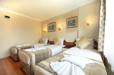 a hotel room with three beds in a room at Hotel Akyildiz in Istanbul