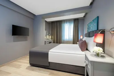 a hotel room with a bed and a tv at Nardi Nişantaşı in Istanbul