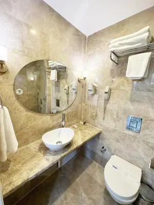 a bathroom with a sink and a toilet and a mirror at Taksim Line Hotel in Istanbul
