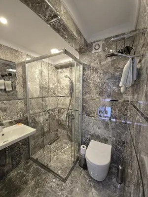 a bathroom with a shower and a toilet and a sink at The Empress Theodora Hotel ll in Istanbul