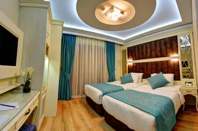 a hotel room with two beds and a television at Novelty Hotel in Istanbul