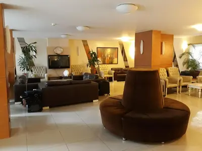 a large living room with couches and chairs at Merdan Hotel in Istanbul