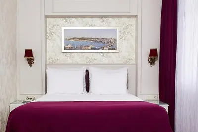 a bedroom with a large bed with a purple blanket at Albinas Hotel Old City in Istanbul