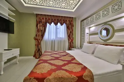 a bedroom with a large bed and a window at Hotel Queens Land in Istanbul