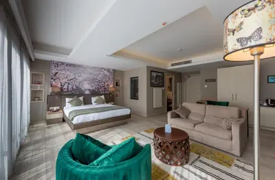 a living room with a bed and a couch at Riva's Moda in Istanbul