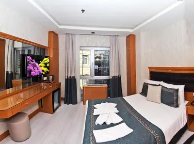 a hotel room with a bed and a television at Grand Emir Hotel Old City in Istanbul