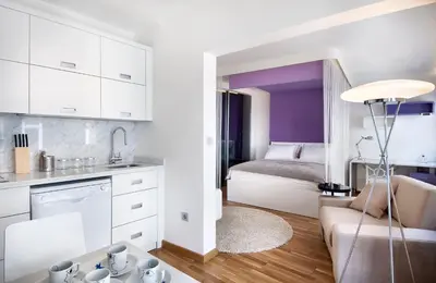 a kitchen and living room with a couch and a bed at Nuru Ziya Residences in Istanbul