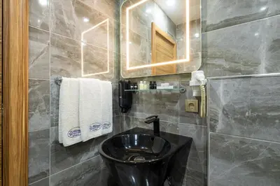 a bathroom with a black sink and a mirror at La Wisteria Boutique Hotel Istanbul in Istanbul