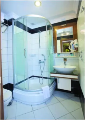 a bathroom with a shower and a toilet and a sink at Grand Anatolia Hotel in Istanbul