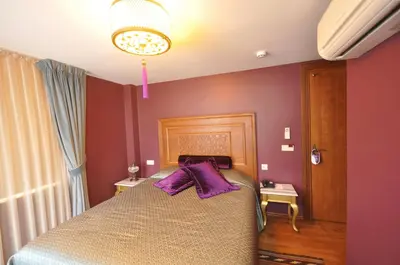 a bedroom with purple walls and a bed with purple pillows at Merial Hotel Sultanahmet in Istanbul