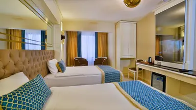 a hotel room with two beds and a television at Beethoven Premium Hotel in Istanbul