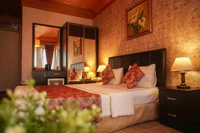 a bedroom with a large bed and a mirror at Eskibağ Butik Hotel in Buyukada