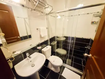 a bathroom with a white toilet and a sink at Eskibağ Butik Hotel in Buyukada
