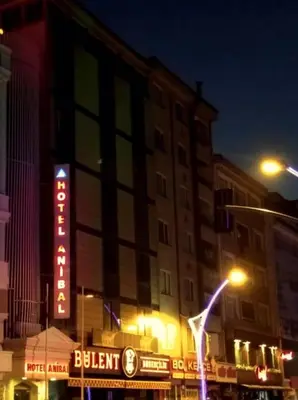 a building with a sign in front of it at night at Hotel Anibal in Gebze