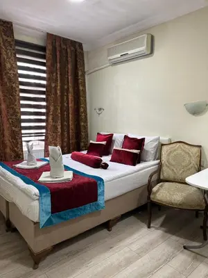 a bedroom with a bed with red pillows and a chair at Happy Suite Boutique Hotel in Istanbul
