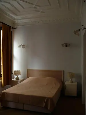 a bedroom with a bed and two tables with lamps at Budak Residence in Istanbul