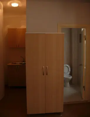 a bathroom with a toilet and a wooden cabinet at Budak Residence in Istanbul