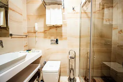 a bathroom with a shower and a toilet and a sink at Boss Hotel Sultanahmet in Istanbul