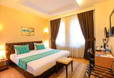a hotel room with a large bed and a window at Retropera Hotel in Istanbul