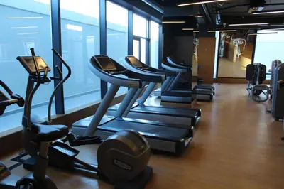 a gym with rows of treadmills and elliptical machines at Windsor Hotel & Convention Center Istanbul in Istanbul