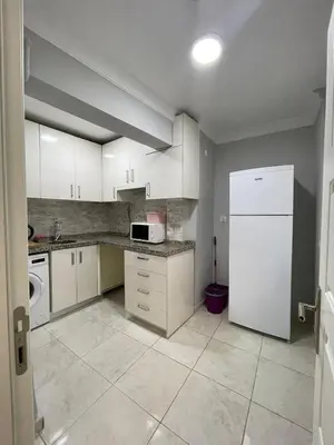 a kitchen with white cabinets and a white refrigerator at donat suites apartment in Istanbul