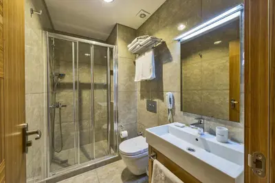 a bathroom with a sink and a shower and a toilet at The Meretto Hotel Istanbul Old City in Istanbul