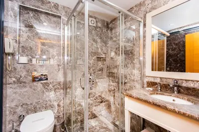 a bathroom with a shower and a toilet and a sink at Baron Hotel & Spa in Istanbul