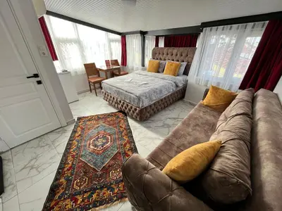 a living room with a couch and a bed at Pembe Hotel in Istanbul