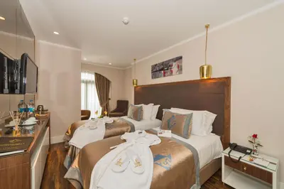 a hotel room with two beds with towels on them at Darkmen Hotel in Istanbul