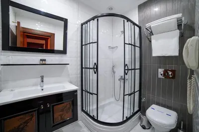 a bathroom with a shower and a sink and a toilet at Panderma Port Hotel in Bandırma