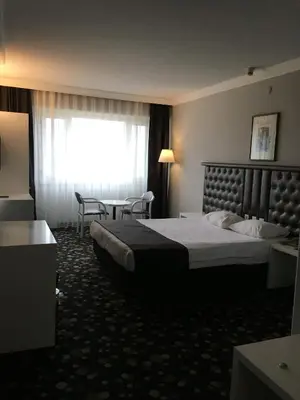 a hotel room with a bed and a window at Hotel Eken Prestige in Bandırma