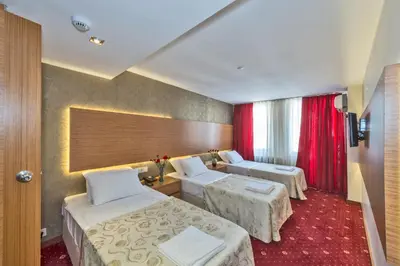 a hotel room with two beds and red carpet at Erbazlar Hotel in Istanbul