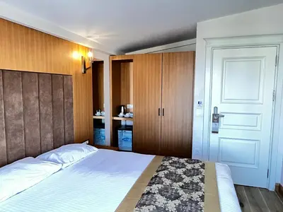a bedroom with a large bed and a door at Aren Suites in Istanbul