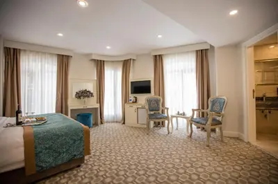 a hotel room with a bed and a desk and chairs at Dodo Hotel Spa Old City in Istanbul