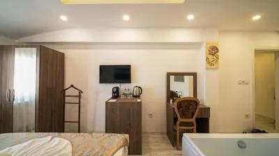 a bedroom with a bed and a tub and a television at Zeugma Hotel Sultanahmet in Istanbul