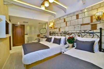 a bedroom with two beds and a brick wall at Yılsam Sultanahmet Hotel in Istanbul