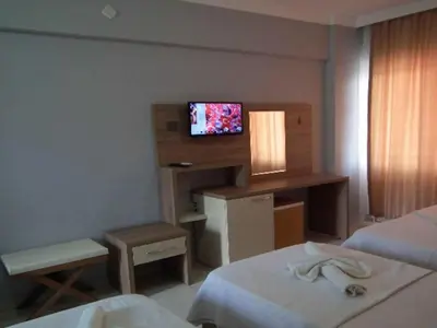 a hotel room with two beds and a television at Hotel Yasemin in Erdek