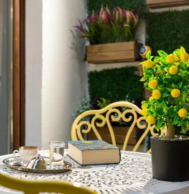 a table with a book and a plate of food on it at Royan Suites in Istanbul