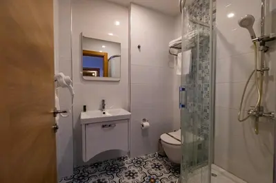 a bathroom with a sink and a toilet and a shower at Eleia Hotel İznik in Bursa