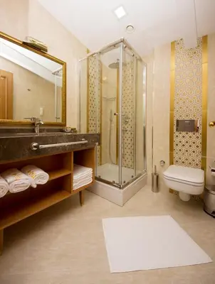 a bathroom with a shower and a sink and a toilet at Aprilis Hotel - Special Category in Istanbul