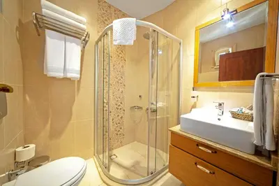 a bathroom with a shower and a toilet and a sink at Dilhayat Kalfa Hotel in Istanbul