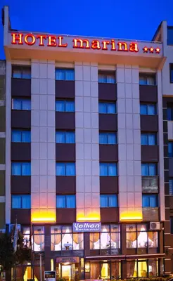 a hotel martinez sign on the front of a building at Hotel Villa Marina in Bandırma