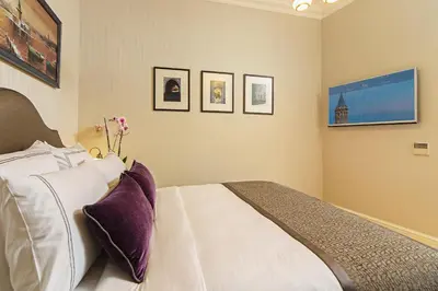 a bedroom with a large white bed with purple pillows at Meroddi Galata Mansion in Istanbul