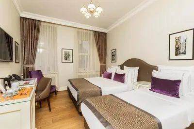 two beds in a hotel room with purple accents at Meroddi Galata Mansion in Istanbul