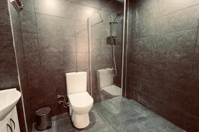 a bathroom with a toilet and a shower and a sink at Cheers Midtown Hostel in Istanbul
