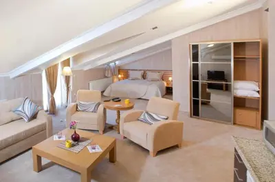 a hotel room with a bed and a living room at The Bosphorus House in Istanbul