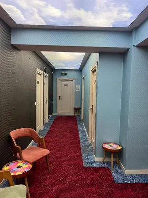a hallway with two chairs and a red carpet at Sea Moon Hotel in Istanbul