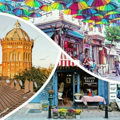 a painting of a city with a tower and an umbrella at Fener sweet in Istanbul