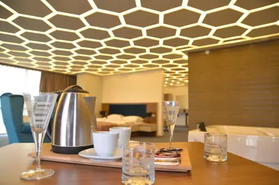 a table with glasses of water and a coffee pot at TEVETOGLU HOTEL in Istanbul